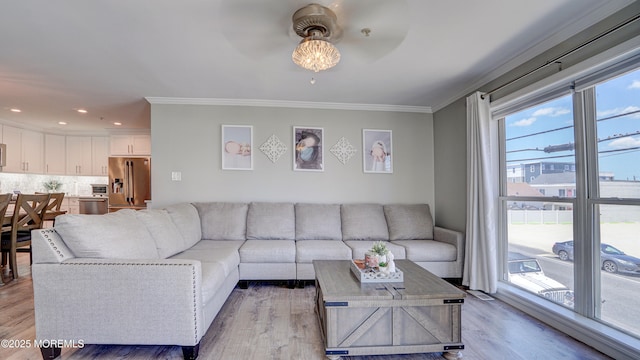 33 Sumner Ave Unit 1A, Seaside Heights, NJ 08751 - living room featuring a ceiling fan, healthy amount of natural light, light wood finished floors, crown molding, and recessed lighting
