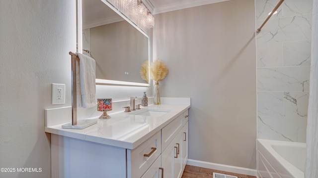 33 Sumner Ave Unit 1A, Seaside Heights, NJ 08751 - bathroom featuring vanity, ornamental molding, baseboards, and  shower combination