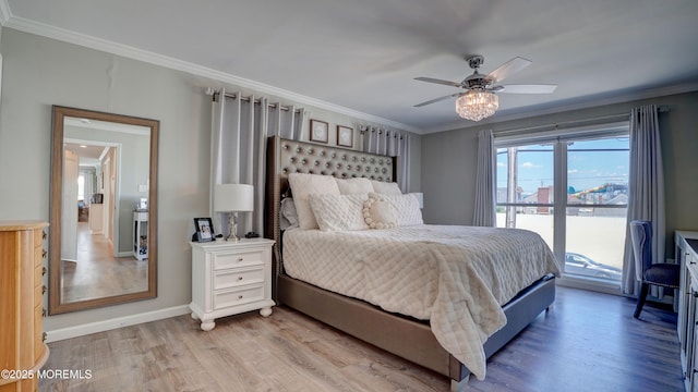 33 Sumner Ave Unit 1A, Seaside Heights, NJ 08751 - bedroom with crown molding, light wood-type flooring, access to outside, baseboards, and ceiling fan