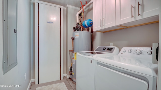33 Sumner Ave Unit 1A, Seaside Heights, NJ 08751 - washroom featuring cabinet space, washing machine and clothes dryer, water heater, light tile patterned floors, and baseboards