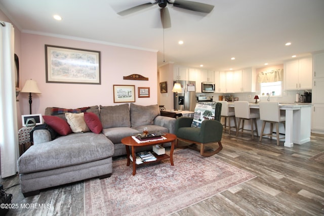 610 Jerome Pl, Freehold, NJ 07728 - living area with crown molding, a ceiling fan, dark wood finished floors, and recessed lighting