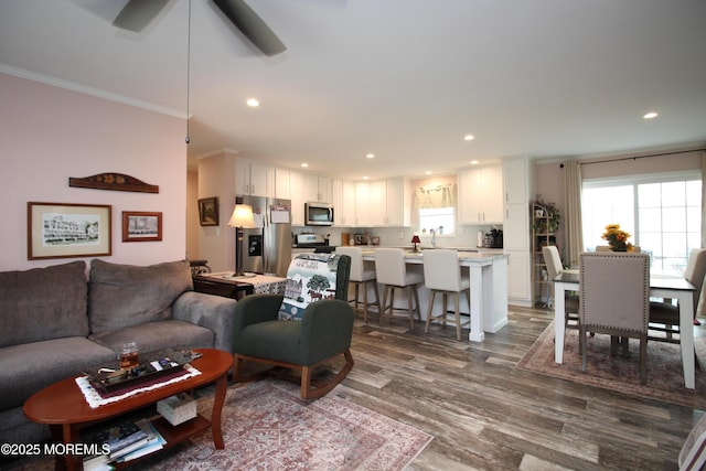 610 Jerome Pl, Freehold, NJ 07728 - living area featuring ornamental molding, dark wood finished floors, recessed lighting, and a ceiling fan