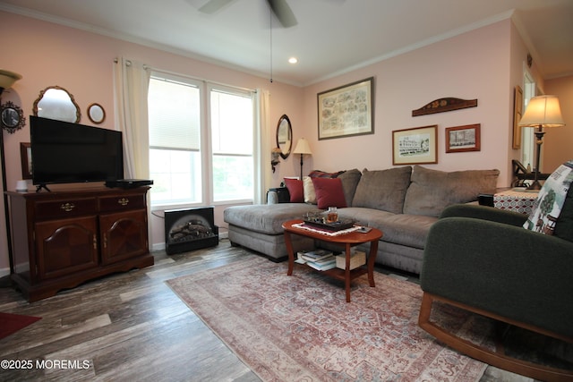 610 Jerome Pl, Freehold, NJ 07728 - living area with wood finished floors, ceiling fan, ornamental molding, and recessed lighting