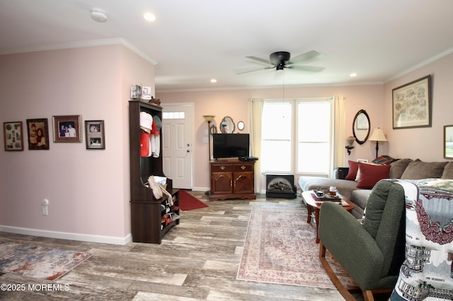 610 Jerome Pl, Freehold, NJ 07728 - living room featuring a ceiling fan, wood finished floors, crown molding, and recessed lighting