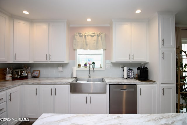 610 Jerome Pl, Freehold, NJ 07728 - kitchen featuring dishwasher, white cabinetry, decorative backsplash, and recessed lighting