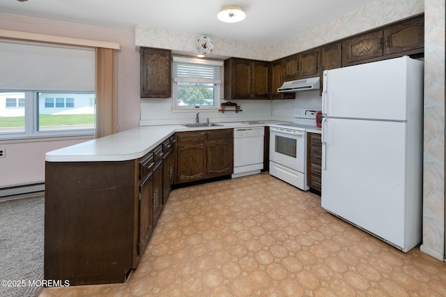 19 Clay Cir, Brick, NJ 08724 - kitchen with white appliances, under cabinet range hood, a sink, dark brown cabinetry, and light countertops