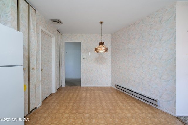19 Clay Cir, Brick, NJ 08724 - unfurnished dining area featuring a baseboard radiator, tile patterned floors, and wallpapered walls