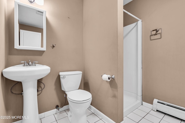55 S Ave, Bayville, NJ 08721 - bathroom featuring baseboard heating, a stall shower, toilet, baseboards, and a sink