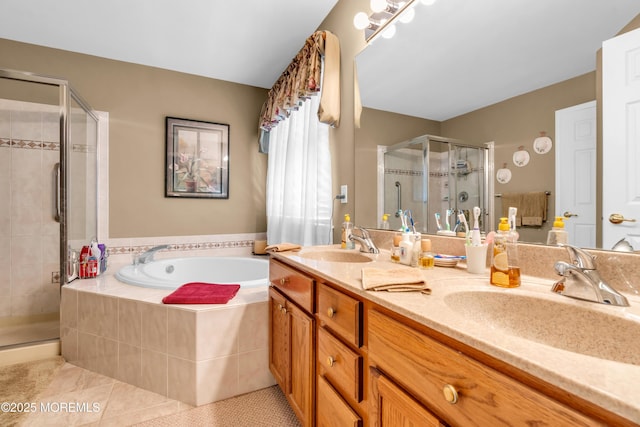 123 Skyline Dr, Lakewood, NJ 08701 - bathroom with a stall shower, a garden tub, double vanity, and tile patterned flooring