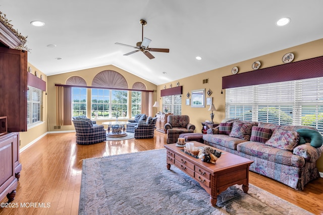 123 Skyline Dr, Lakewood, NJ 08701 - living area featuring a ceiling fan, vaulted ceiling, light wood-type flooring, and recessed lighting