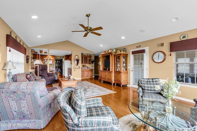 123 Skyline Dr, Lakewood, NJ 08701 - living area featuring ceiling fan, vaulted ceiling, light wood-style flooring, baseboards, and recessed lighting