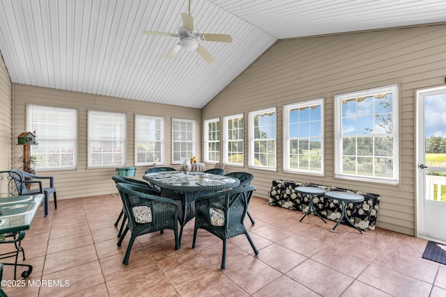 123 Skyline Dr, Lakewood, NJ 08701 - sunroom / solarium with lofted ceiling, tile patterned flooring, a ceiling fan, outdoor dining space, and wood walls