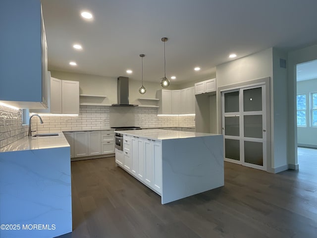830 Hulses Corner Rd, Howell, NJ 07731 - kitchen with open shelves, wall chimney exhaust hood, a sink, light stone countertops, and dark wood-style flooring
