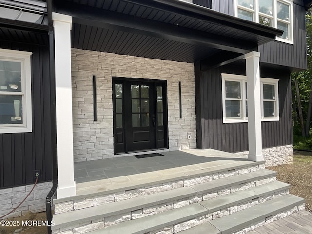830 Hulses Corner Rd, Howell, NJ 07731 - entrance to property with a porch, stone siding, and board and batten siding