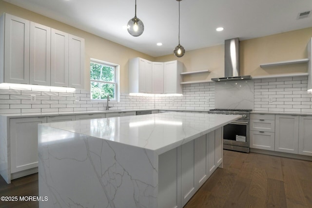 830 Hulses Corner Rd, Howell, NJ 07731 - kitchen featuring open shelves, wall chimney range hood, stainless steel range, a center island, and light stone counters