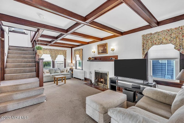 129 Bridge Ave, Bay Head, NJ 08742 - living room featuring coffered ceiling, beamed ceiling, radiator heating unit, carpet flooring, and stairway
