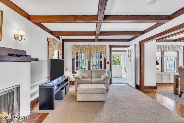 129 Bridge Ave, Bay Head, NJ 08742 - living area featuring baseboards, coffered ceiling, wood finished floors, beamed ceiling, and a fireplace