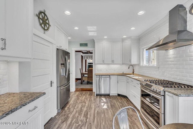 129 Bridge Ave, Bay Head, NJ 08742 - kitchen with stainless steel appliances, wall chimney exhaust hood, a sink, white cabinets, and backsplash