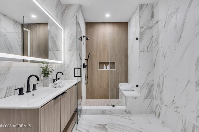 401 Boulevard 201, Seaside Heights, NJ 08751 - bathroom with double vanity, tiled shower, recessed lighting, and tile walls