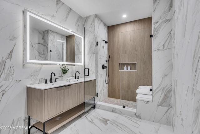 401 Boulevard 201, Seaside Heights, NJ 08751 - full bath with double vanity, a marble finish shower, marble finish flooring, tile walls, and recessed lighting
