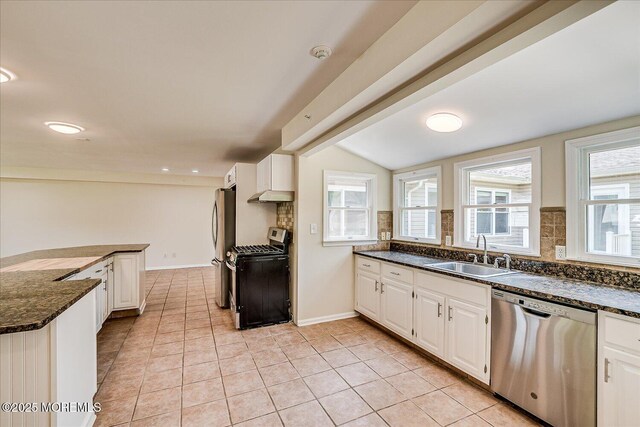44 Oak Ter, Howell, NJ 07731 - kitchen featuring stainless steel appliances, a sink, healthy amount of natural light, lofted ceiling, and white cabinets