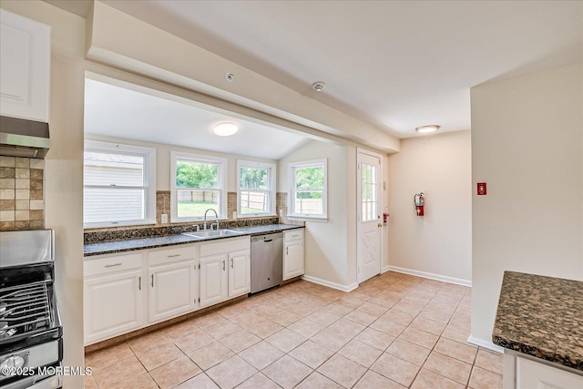 44 Oak Ter, Howell, NJ 07731 - kitchen with dishwasher, a sink, lofted ceiling, backsplash, and white cabinets