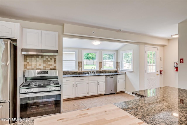 44 Oak Ter, Howell, NJ 07731 - kitchen featuring stainless steel appliances, under cabinet range hood, decorative backsplash, white cabinets, and vaulted ceiling