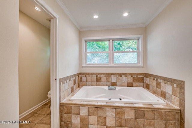 44 Oak Ter, Howell, NJ 07731 - full bathroom with toilet, a whirlpool tub, recessed lighting, crown molding, and baseboards