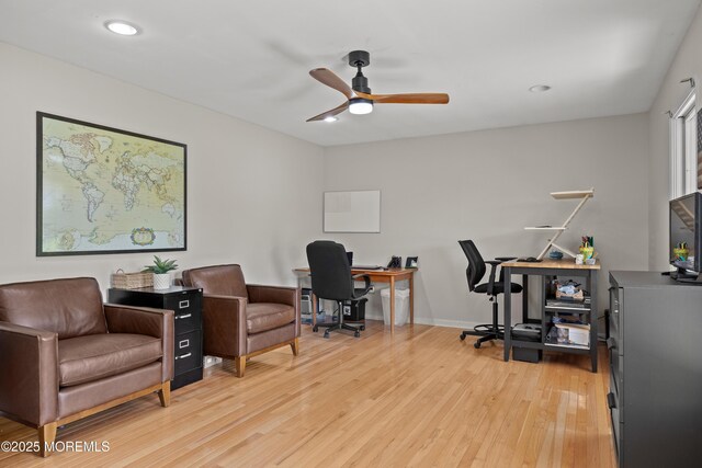 69 Eayrestown Rd, Medford, NJ 08055 - office area with light wood finished floors, a ceiling fan, baseboards, and recessed lighting
