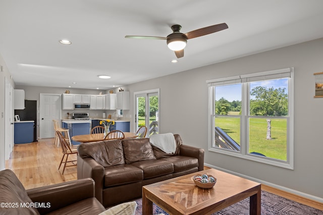 69 Eayrestown Rd, Medford, NJ 08055 - living area featuring light wood-type flooring, recessed lighting, ceiling fan, and baseboards