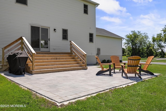 69 Eayrestown Rd, Medford, NJ 08055 - back of property with a lawn, a patio area, and entry steps