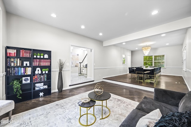 1501 Pine Park Ave, Lakewood, NJ 08701 - living room featuring wood finished floors, a chandelier, recessed lighting, and baseboards