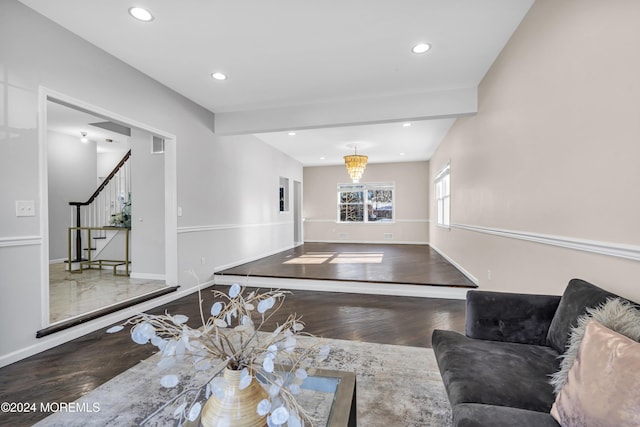 1501 Pine Park Ave, Lakewood, NJ 08701 - living area with wood finished floors, stairs, baseboards, recessed lighting, and beamed ceiling