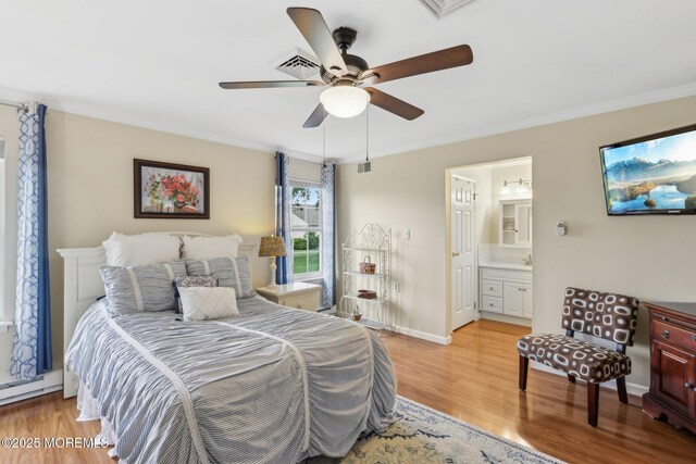 10 Weybridge Pl, Manchester, NJ 08759 - bedroom with light wood finished floors, connected bathroom, ornamental molding, and ceiling fan