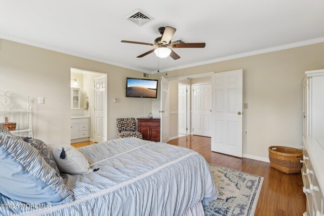 10 Weybridge Pl, Manchester, NJ 08759 - bedroom with wood finished floors, ornamental molding, baseboards, connected bathroom, and a ceiling fan