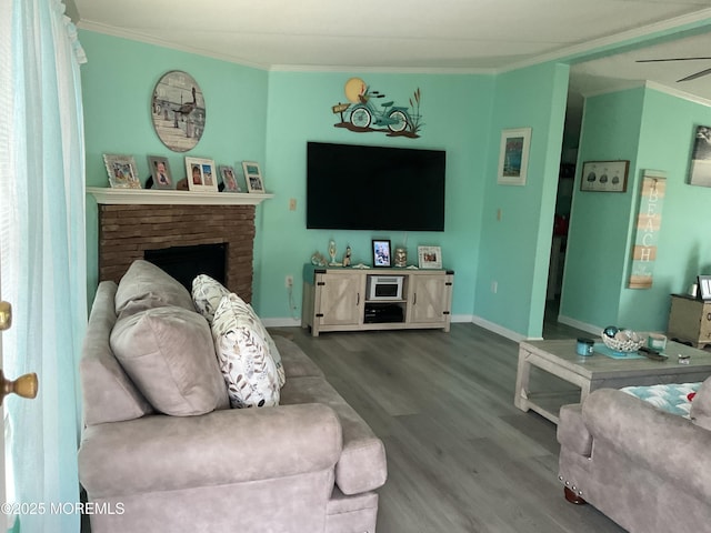 37 Pine Ridge Blvd, Whiting, NJ 08759 - living room with wood finished floors, crown molding, baseboards, and a brick fireplace