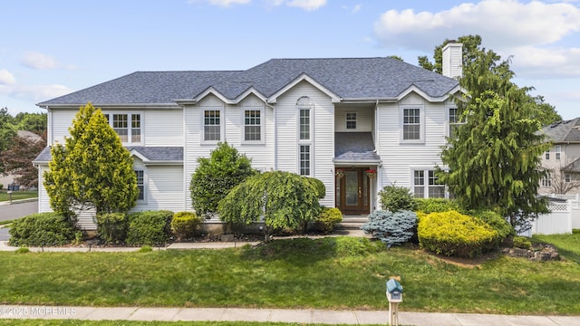 22 Enclosure Dr, Morganville, NJ 07751 - traditional home featuring a chimney, a front yard, and roof with shingles