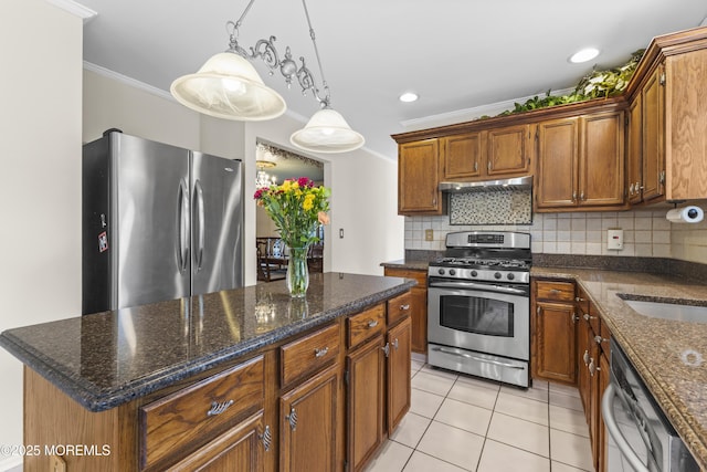22 Enclosure Dr, Morganville, NJ 07751 - kitchen with stainless steel appliances, ornamental molding, light tile patterned flooring, backsplash, and brown cabinetry