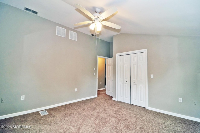 503 Center St, Forked River, NJ 08731 - unfurnished bedroom featuring carpet flooring, lofted ceiling, baseboards, a closet, and ceiling fan