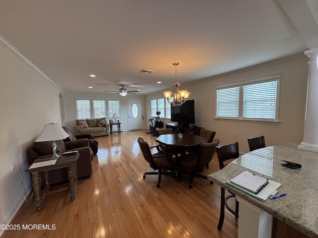 2 Corinth Pl, Toms River, NJ 08757 - dining area featuring crown molding, baseboards, light wood finished floors, recessed lighting, and ceiling fan