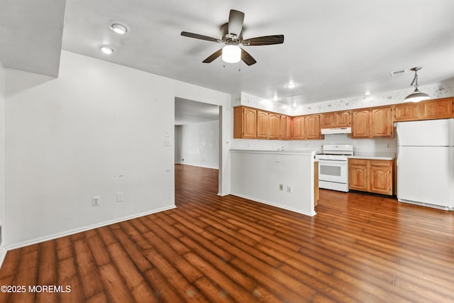 238 Larchwood Ct, Howell, NJ 07731 - kitchen featuring white appliances, under cabinet range hood, ceiling fan, light countertops, and dark wood-type flooring