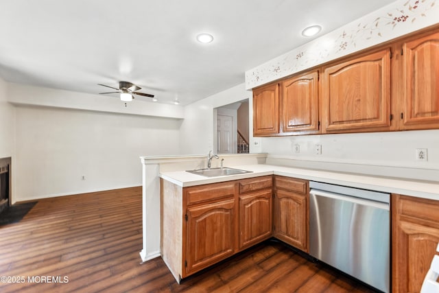238 Larchwood Ct, Howell, NJ 07731 - kitchen with stainless steel dishwasher, a sink, a peninsula, ceiling fan, and light countertops