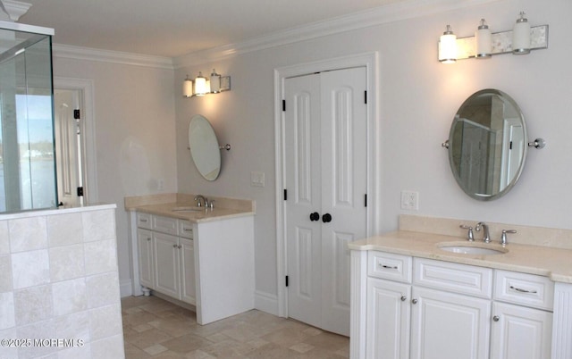 443 Driveway, Oceanport, NJ 07757 - bathroom with two vanities, a stall shower, and ornamental molding