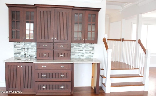 443 Driveway, Oceanport, NJ 07757 - indoor wet bar with ornamental molding, decorative backsplash, and dark wood-type flooring