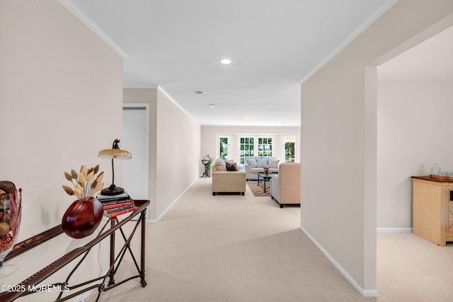 2627 Ramshorn Dr, Manasquan, NJ 08736 - corridor featuring light colored carpet, ornamental molding, and recessed lighting