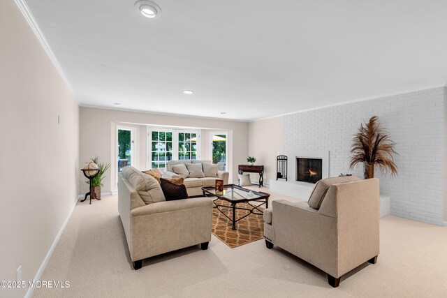 2627 Ramshorn Dr, Manasquan, NJ 08736 - living area featuring ornamental molding, light carpet, a brick fireplace, brick wall, and recessed lighting