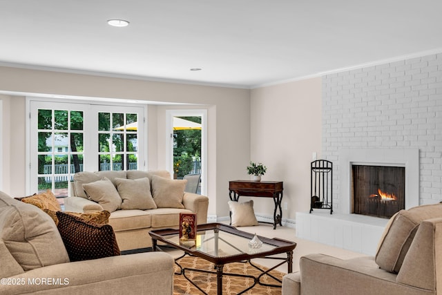 2627 Ramshorn Dr, Manasquan, NJ 08736 - living room with crown molding and a brick fireplace