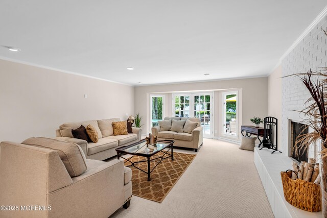 2627 Ramshorn Dr, Manasquan, NJ 08736 - living room with crown molding, carpet flooring, a brick fireplace, and recessed lighting