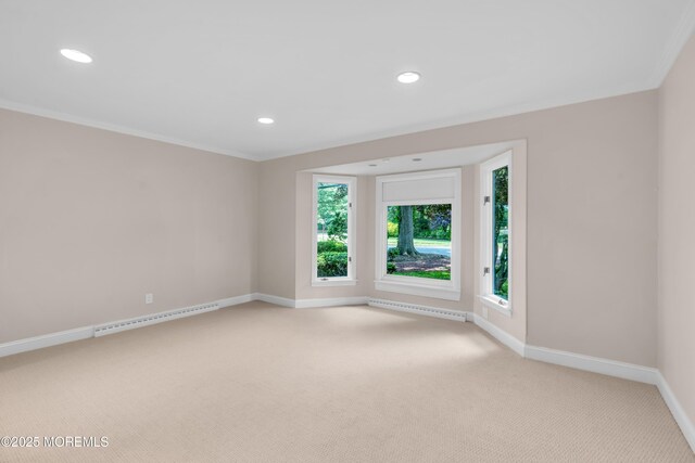 2627 Ramshorn Dr, Manasquan, NJ 08736 - empty room with a baseboard heating unit, light colored carpet, crown molding, and recessed lighting