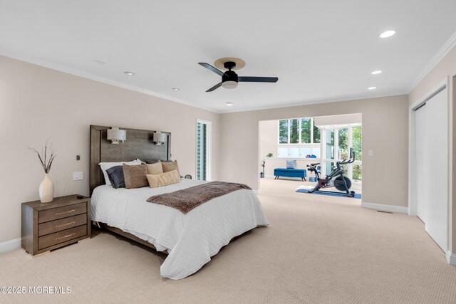 2627 Ramshorn Dr, Manasquan, NJ 08736 - bedroom featuring ornamental molding, light carpet, recessed lighting, and ceiling fan
